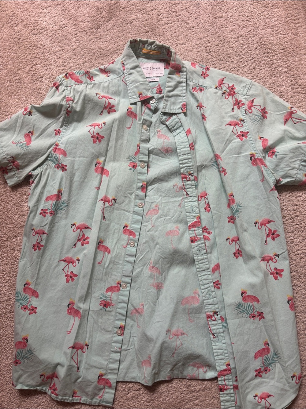 Denim & Flower Mint Green Flamingo Print Short Sleeve Button-Down Shirt